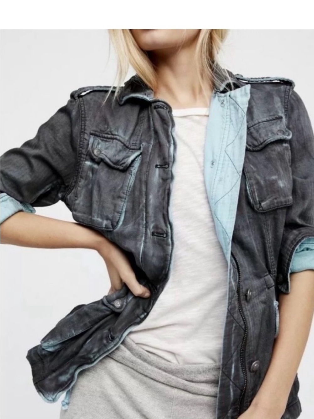 Soft. Free People Washed Gray Utility Jacket with Aqua Trim